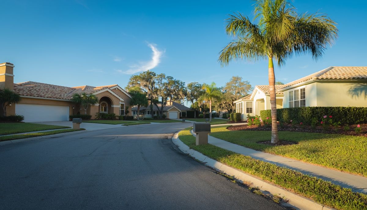 Palm-lined residential street of Tampa Bay homes under a clear sky