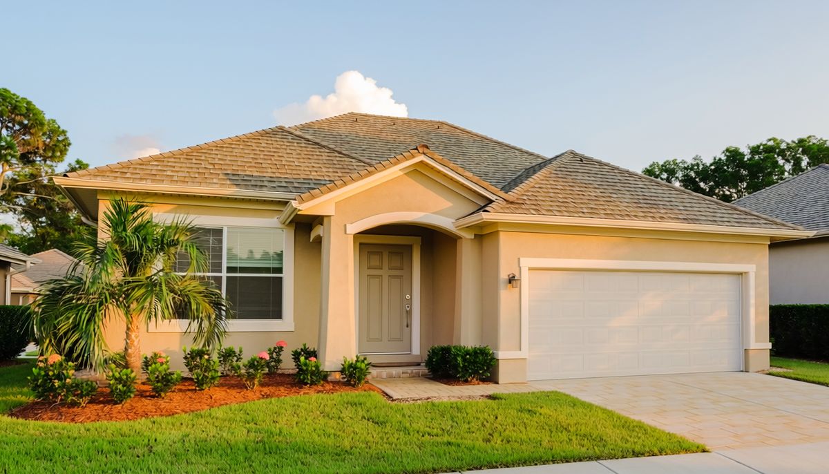 Single-family home with palm landscaping and a two-car garage in Tampa Bay