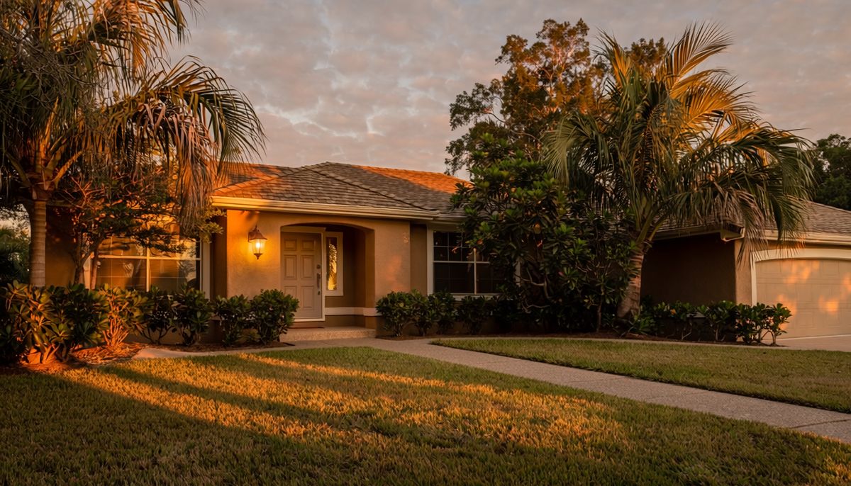 Tampa Bay home at sunset with palms and a lit entryway