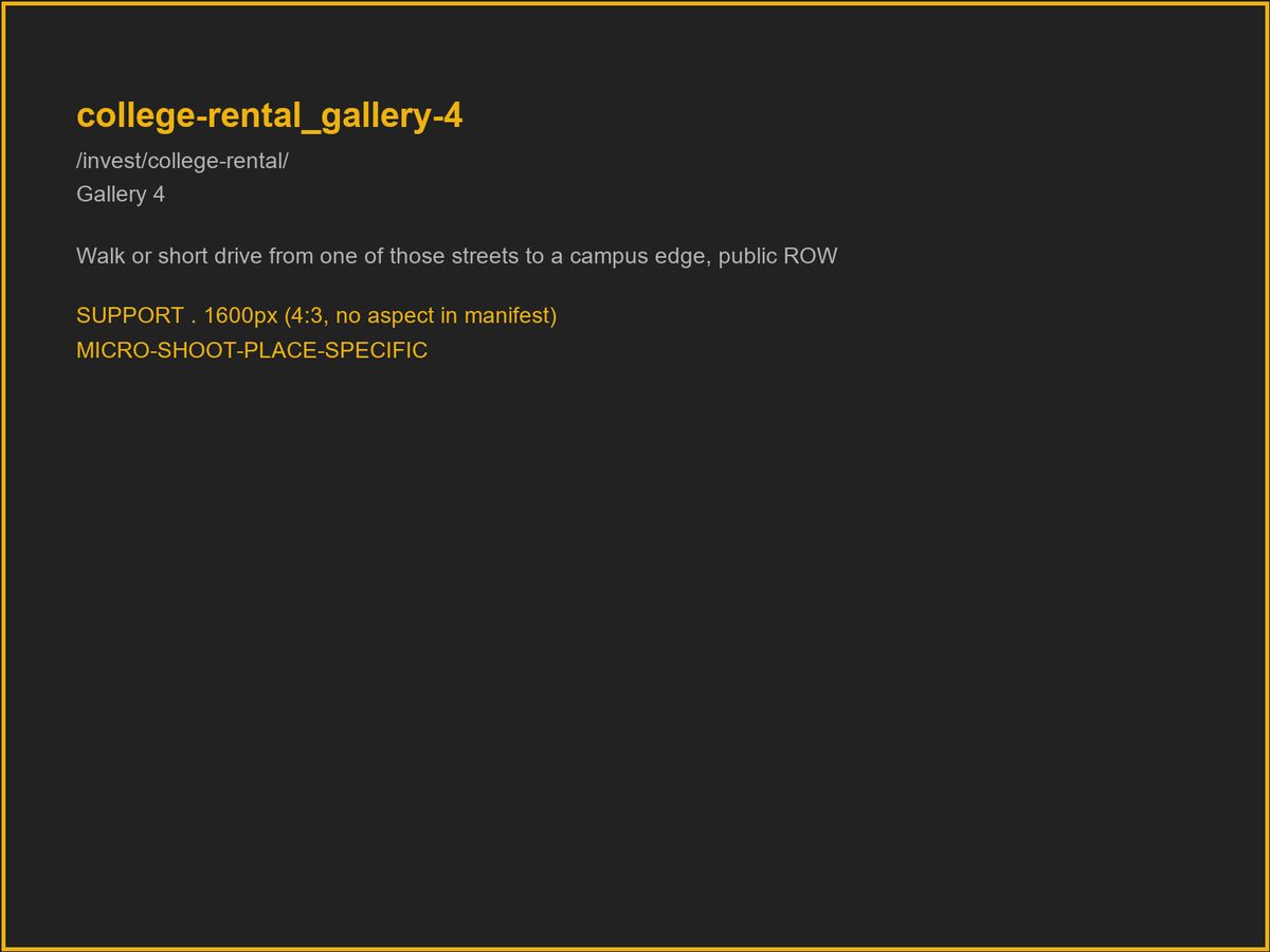 Placeholder panel for a photograph: the short walk or drive from a rental street to a campus edge.