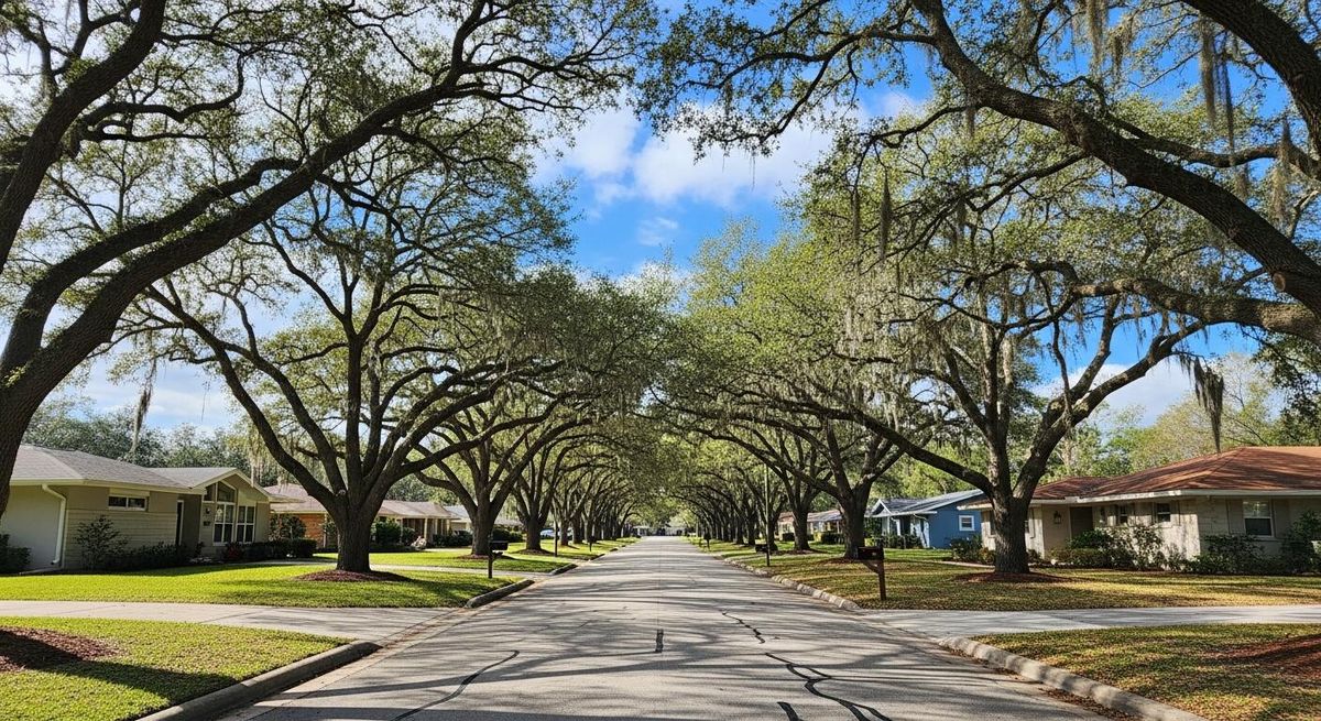 A straight residential street in Temple Terrace under live oaks.